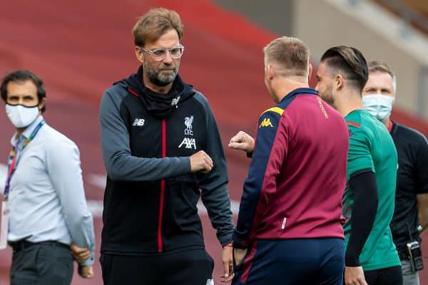 LIVERPOOL, ENGLAND - Sunday, July 5, 2020: Liverpool’s manager Jürgen Klopp (L) and Aston Villa's manager Dean Smith greet each other before the FA Premier League match between Liverpool FC and Aston Villa FC at Anfield. The game was played behind closed doors due to the UK government’s social distancing laws during the Coronavirus COVID-19 Pandemic. (Pic by David Rawcliffe/Propaganda)