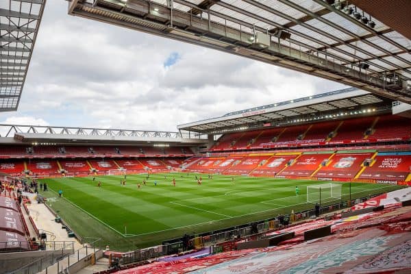 LIVERPOOL, ENGLAND - Sunday, July 5, 2020: Liverpool and Aston Villa players kneel down (take a knee) in support of the Black Lives Matter movement during the FA Premier League match between Liverpool FC and Aston Villa FC at Anfield. The game was played behind closed doors due to the UK government’s social distancing laws during the Coronavirus COVID-19 Pandemic. (Pic by David Rawcliffe/Propaganda)