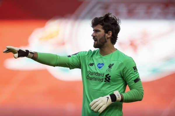 LIVERPOOL, ENGLAND - Sunday, July 5, 2020: Liverpool’s goalkeeper Alisson Becker during the FA Premier League match between Liverpool FC and Aston Villa FC at Anfield. The game was played behind closed doors due to the UK government’s social distancing laws during the Coronavirus COVID-19 Pandemic. (Pic by David Rawcliffe/Propaganda)