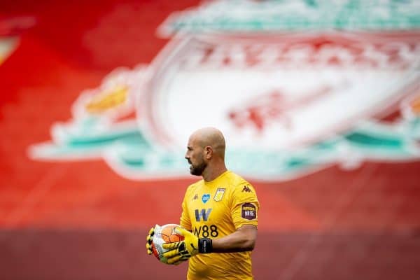 LIVERPOOL, ENGLAND - Sunday, July 5, 2020: Aston Villa's goalkeeper Pepe Reina during the FA Premier League match between Liverpool FC and Aston Villa FC at Anfield. The game was played behind closed doors due to the UK government’s social distancing laws during the Coronavirus COVID-19 Pandemic. (Pic by David Rawcliffe/Propaganda)