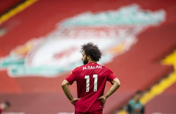 LIVERPOOL, ENGLAND - Sunday, July 5, 2020: Liverpool’s Mohamed Salah during the FA Premier League match between Liverpool FC and Aston Villa FC at Anfield. The game was played behind closed doors due to the UK government’s social distancing laws during the Coronavirus COVID-19 Pandemic. (Pic by David Rawcliffe/Propaganda)