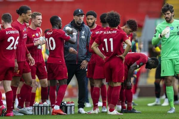 LIVERPOOL, ENGLAND - Sunday, July 5, 2020: Liverpool’s manager Jürgen Klopp speaks to his players during a water break during the FA Premier League match between Liverpool FC and Aston Villa FC at Anfield. The game was played behind closed doors due to the UK government’s social distancing laws during the Coronavirus COVID-19 Pandemic. (Pic by David Rawcliffe/Propaganda)