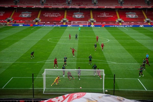 LIVERPOOL, ENGLAND - Sunday, July 5, 2020: Liverpool’s Sadio Mané scores the first goal during the FA Premier League match between Liverpool FC and Aston Villa FC at Anfield. The game was played behind closed doors due to the UK government’s social distancing laws during the Coronavirus COVID-19 Pandemic. (Pic by David Rawcliffe/Propaganda)