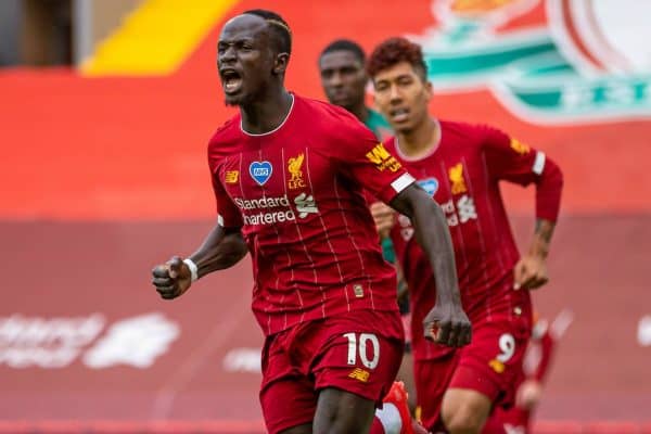 LIVERPOOL, ENGLAND - Sunday, July 5, 2020: Liverpool’s Sadio Mané celebrates scoring the first goal during the FA Premier League match between Liverpool FC and Aston Villa FC at Anfield. The game was played behind closed doors due to the UK government’s social distancing laws during the Coronavirus COVID-19 Pandemic. (Pic by David Rawcliffe/Propaganda)