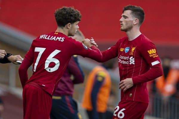 LIVERPOOL, ENGLAND - Sunday, July 5, 2020: Liverpool’s Andy Robertson is replaced by substitute Neco Williams during the FA Premier League match between Liverpool FC and Aston Villa FC at Anfield. The game was played behind closed doors due to the UK government’s social distancing laws during the Coronavirus COVID-19 Pandemic. (Pic by David Rawcliffe/Propaganda)