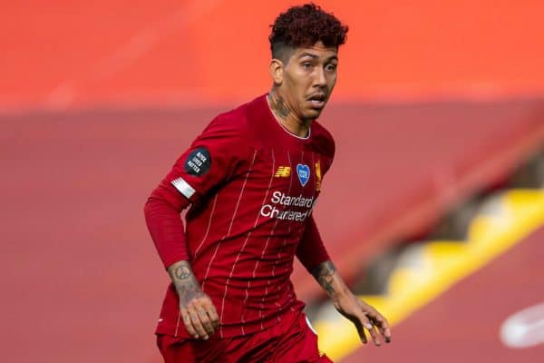 LIVERPOOL, ENGLAND - Sunday, July 5, 2020: Liverpool’s Roberto Firmino, with dyed red hair, during the FA Premier League match between Liverpool FC and Aston Villa FC at Anfield. The game was played behind closed doors due to the UK government’s social distancing laws during the Coronavirus COVID-19 Pandemic. (Pic by David Rawcliffe/Propaganda)