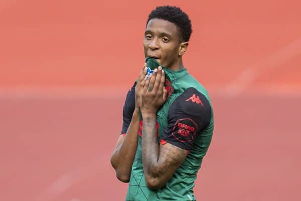 LIVERPOOL, ENGLAND - Sunday, July 5, 2020: Aston Villa's Ezri Konsa looks dejected as his side lose 2-0 during the FA Premier League match between Liverpool FC and Aston Villa FC at Anfield. The game was played behind closed doors due to the UK government’s social distancing laws during the Coronavirus COVID-19 Pandemic. (Pic by David Rawcliffe/Propaganda)