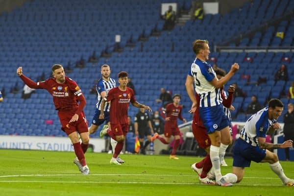 BRIGHTON & HOVE, ENGLAND - Wednesday, July 8, 2020: Liverpool's captain Jordan Henderson celebrates scoring the second goal during the FA Premier League match between Brighton & Hove Albion FC and Liverpool FC at the AMEX Stadium. The game was played behind closed doors due to the UK government’s social distancing laws during the Coronavirus COVID-19 Pandemic. (Pic by Propaganda)