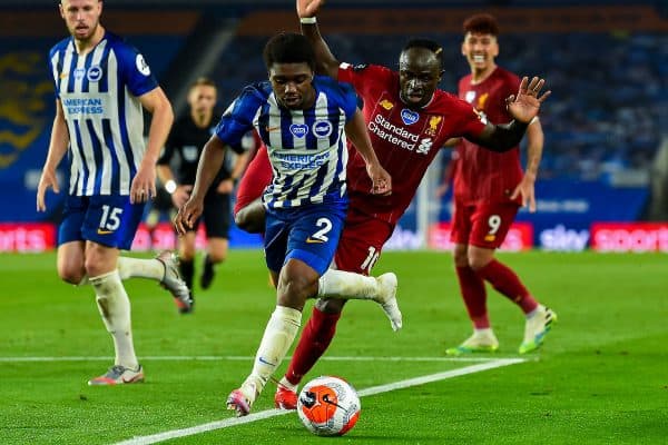 BRIGHTON & HOVE, ENGLAND - Wednesday, July 8, 2020: Liverpool's Sadio Mané and Brighton & Hove Albion's Tariq Lamptey during the FA Premier League match between Brighton & Hove Albion FC and Liverpool FC at the AMEX Stadium. The game was played behind closed doors due to the UK government’s social distancing laws during the Coronavirus COVID-19 Pandemic. (Pic by Propaganda)