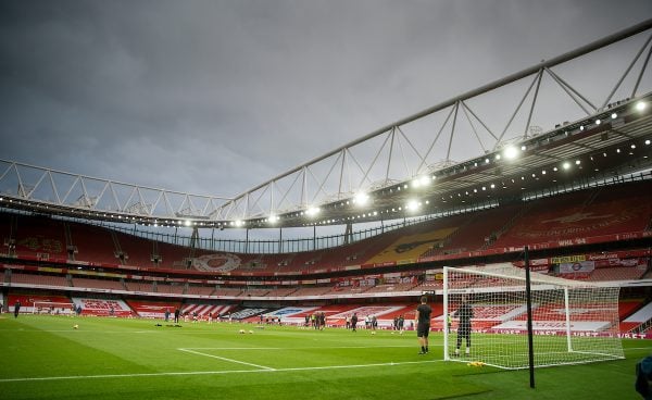 LONDON, ENGLAND - Tuesday, July 14, 2020: A general view during the FA Premier League match between Arsenal FC and Liverpool FC at the Emirates Stadium. The game was played behind closed doors due to the UK government’s social distancing laws during the Coronavirus COVID-19 Pandemic. (Pic by David Rawcliffe/Propaganda)