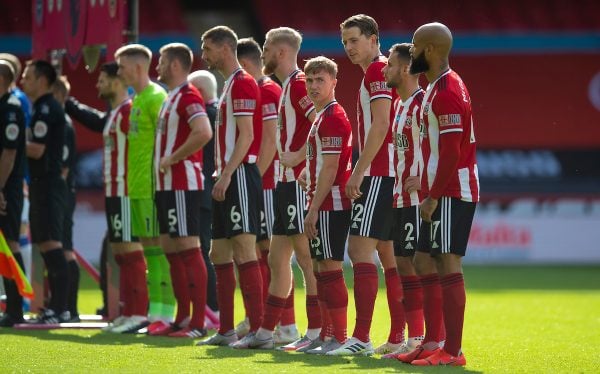 SHEFFIELD, ENGLAND - Monday, July 20, 2020: Sheffield United players line-up before the FA Premier League match between Sheffield United FC and Everton FC at Bramall Lane. The game was played behind closed doors due to the UK government’s social distancing laws during the Coronavirus COVID-19 Pandemic. (Pic by David Rawcliffe/Propaganda)