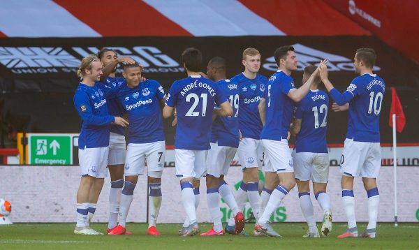 SHEFFIELD, ENGLAND - Monday, July 20, 2020: Everton's Richarlison de Andrade (3rd from L) celebrates scoring the only goal of the game during the FA Premier League match between Sheffield United FC and Everton FC at Bramall Lane. The game was played behind closed doors due to the UK government’s social distancing laws during the Coronavirus COVID-19 Pandemic. (Pic by David Rawcliffe/Propaganda)