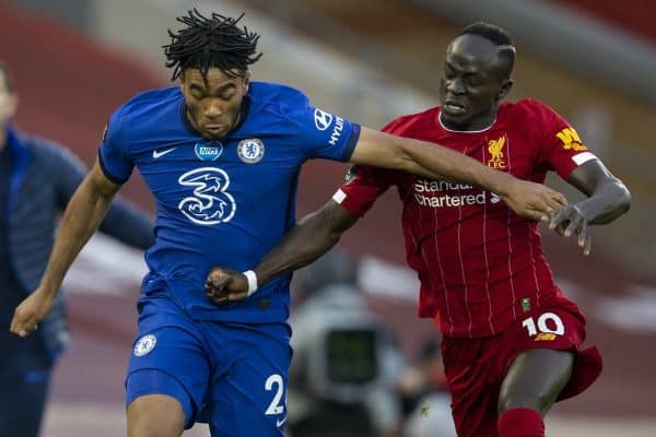 LIVERPOOL, ENGLAND - Wednesday, July 22, 2020: Chelsea's Reece James (L) and Liverpool's Sadio Mané during the FA Premier League match between Liverpool FC and Chelsea FC at Anfield. The game was played behind closed doors due to the UK government’s social distancing laws during the Coronavirus COVID-19 Pandemic. (Pic by David Rawcliffe/Propaganda)