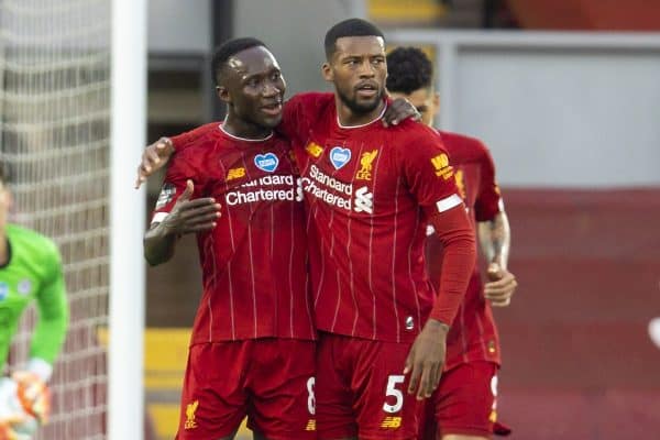 LIVERPOOL, ENGLAND - Wednesday, July 22, 2020: Liverpool’s Naby Keita (L) celebrates scoring the first goal with team-mate Georginio Wijnaldum during the FA Premier League match between Liverpool FC and Chelsea FC at Anfield. The game was played behind closed doors due to the UK government’s social distancing laws during the Coronavirus COVID-19 Pandemic. (Pic by David Rawcliffe/Propaganda)