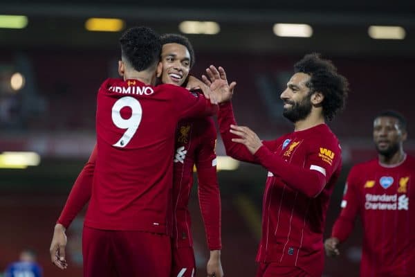 LIVERPOOL, ENGLAND - Wednesday, July 22, 2020: Liverpool’s Roberto Firmino (#9) celebrates scoring the fourth goal, to make the score 4-1, with team-mates Trent Alexander-Arnold (C) and Mohamed Salah (R) during the FA Premier League match between Liverpool FC and Chelsea FC at Anfield. The game was played behind closed doors due to the UK government’s social distancing laws during the Coronavirus COVID-19 Pandemic. (Pic by David Rawcliffe/Propaganda)