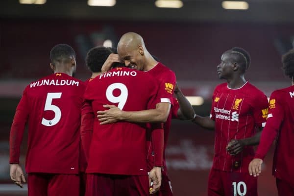 LIVERPOOL, ENGLAND - Wednesday, July 22, 2020: Liverpool’s Roberto Firmino (#9) celebrates scoring the fourth goal, to make the score 4-1, with team-mates during the FA Premier League match between Liverpool FC and Chelsea FC at Anfield. The game was played behind closed doors due to the UK government’s social distancing laws during the Coronavirus COVID-19 Pandemic. (Pic by David Rawcliffe/Propaganda)