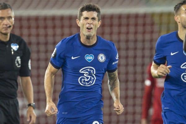 LIVERPOOL, ENGLAND - Wednesday, July 22, 2020: Chelsea's Christian Pulisic celebrates after scoring his side's third goal to make the score 4-3 during the FA Premier League match between Liverpool FC and Chelsea FC at Anfield. The game was played behind closed doors due to the UK government’s social distancing laws during the Coronavirus COVID-19 Pandemic. (Pic by David Rawcliffe/Propaganda)