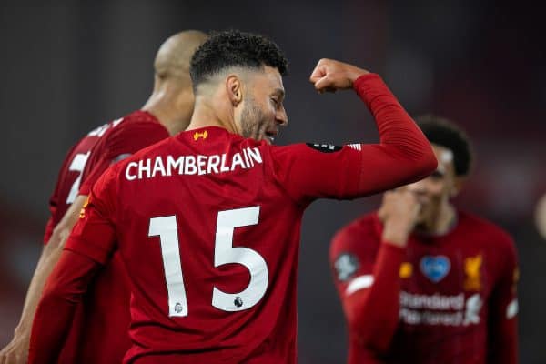 LIVERPOOL, ENGLAND - Wednesday, July 22, 2020: Liverpool’s Alex Oxlade-Chamberlain celebrates scoring his side's fifth goal, to make the score 5-3, during the FA Premier League match between Liverpool FC and Chelsea FC at Anfield. The game was played behind closed doors due to the UK government’s social distancing laws during the Coronavirus COVID-19 Pandemic. (Pic by David Rawcliffe/Propaganda)