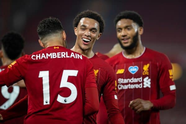 LIVERPOOL, ENGLAND - Wednesday, July 22, 2020: Liverpool’s Trent Alexander-Arnold celebrates the fifth goal with goal-scorer Alex Oxlade-Chamberlain (L) during the FA Premier League match between Liverpool FC and Chelsea FC at Anfield. The game was played behind closed doors due to the UK government’s social distancing laws during the Coronavirus COVID-19 Pandemic. (Pic by David Rawcliffe/Propaganda)