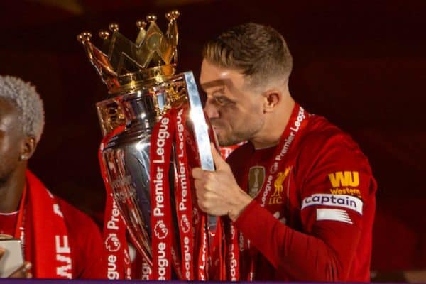 LIVERPOOL, ENGLAND - Wednesday, July 22, 2020: Liverpool’s captain Jordan Henderson kisses the Premier League trophy during the trophy presentation as the Reds are crowned Champions after the FA Premier League match between Liverpool FC and Chelsea FC at Anfield. The game was played behind closed doors due to the UK government’s social distancing laws during the Coronavirus COVID-19 Pandemic. (Pic by David Rawcliffe/Propaganda)