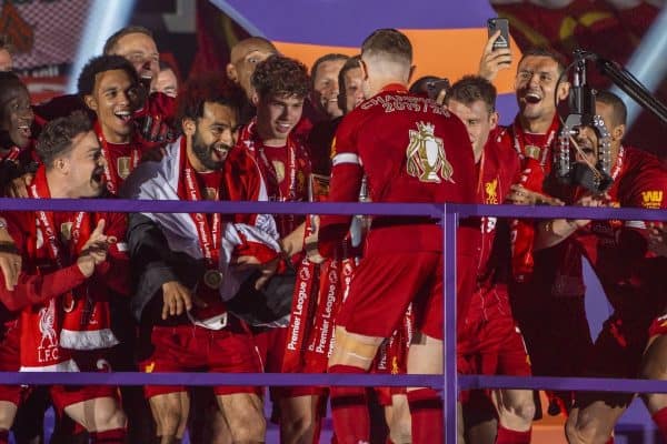 LIVERPOOL, ENGLAND - Wednesday, July 22, 2020: Liverpool’s captain Jordan Henderson performs his traditional shuffle before lifting the Premier League trophy during the trophy presentation as the Reds are crowned Champions after the FA Premier League match between Liverpool FC and Chelsea FC at Anfield. The game was played behind closed doors due to the UK government’s social distancing laws during the Coronavirus COVID-19 Pandemic. (Pic by David Rawcliffe/Propaganda)