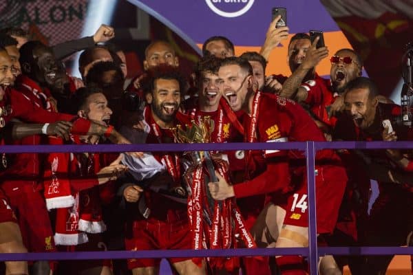 LIVERPOOL, ENGLAND - Wednesday, July 22, 2020: Liverpool’s captain Jordan Henderson performs his traditional shuffle before lifting the Premier League trophy during the trophy presentation as the Reds are crowned Champions after the FA Premier League match between Liverpool FC and Chelsea FC at Anfield. The game was played behind closed doors due to the UK government’s social distancing laws during the Coronavirus COVID-19 Pandemic. (Pic by David Rawcliffe/Propaganda)