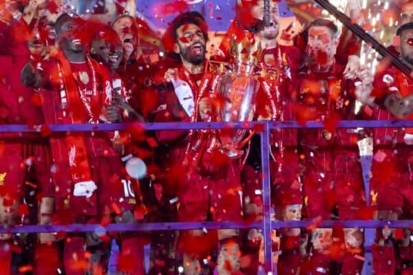 LIVERPOOL, ENGLAND - Wednesday, July 22, 2020: Liverpool’s Mohamed Salah and his team are lost in confetti during the trophy presentation as the Reds are crowned Champions after the FA Premier League match between Liverpool FC and Chelsea FC at Anfield. The game was played behind closed doors due to the UK government’s social distancing laws during the Coronavirus COVID-19 Pandemic. (Pic by David Rawcliffe/Propaganda)