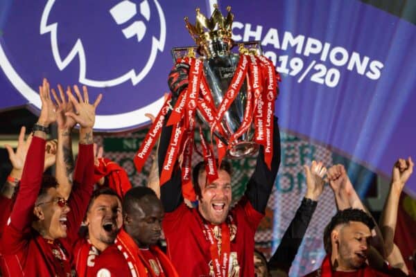 LIVERPOOL, ENGLAND - Wednesday, July 22, 2020: Liverpool’s goalkeeper Adrián San Miguel del Castillo lifts the Premier League trophy during the presentation as the Reds are crowned Champions after the FA Premier League match between Liverpool FC and Chelsea FC at Anfield. The game was played behind closed doors due to the UK government’s social distancing laws during the Coronavirus COVID-19 Pandemic. (Pic by David Rawcliffe/Propaganda)