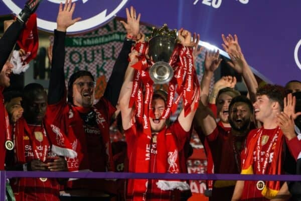 LIVERPOOL, ENGLAND - Wednesday, July 22, 2020: Liverpool’s Harvey Elliott lifts the Premier League trophy during the presentation as the Reds are crowned Champions after the FA Premier League match between Liverpool FC and Chelsea FC at Anfield. The game was played behind closed doors due to the UK government’s social distancing laws during the Coronavirus COVID-19 Pandemic. (Pic by David Rawcliffe/Propaganda)