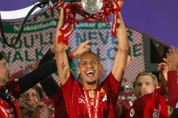 LIVERPOOL, ENGLAND - Wednesday, July 22, 2020: Liverpool’s Fabio Henrique Tavares 'Fabinho' lifts the Premier League trophy during the presentation as the Reds are crowned Champions after the FA Premier League match between Liverpool FC and Chelsea FC at Anfield. The game was played behind closed doors due to the UK government’s social distancing laws during the Coronavirus COVID-19 Pandemic. (Pic by David Rawcliffe/Propaganda)