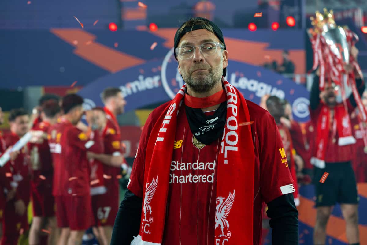 LIVERPOOL, ENGLAND - Wednesday, July 22, 2020: Liverpool's manager Jürgen Klopp celebrates as the Reds are crowned Champions after the FA Premier League match between Liverpool FC and Chelsea FC at Anfield. The game was played behind closed doors due to the UK government’s social distancing laws during the Coronavirus COVID-19 Pandemic. (Pic by David Rawcliffe/Propaganda)