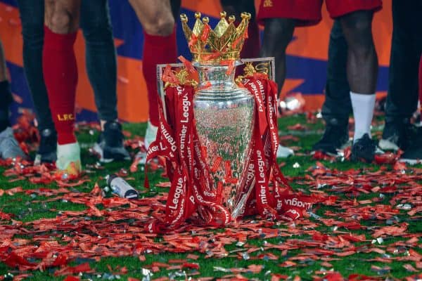 LIVERPOOL, ENGLAND - Wednesday, July 22, 2020: The Premier League trophy dressed in red ribbons during the presentation after the FA Premier League match between Liverpool FC and Chelsea FC at Anfield. The game was played behind closed doors due to the UK government’s social distancing laws during the Coronavirus COVID-19 Pandemic. General. Trophy (Pic by David Rawcliffe/Propaganda)