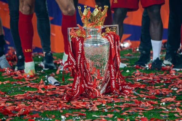 LIVERPOOL, ENGLAND - Wednesday, July 22, 2020: The Premier League trophy dressed in red ribbons during the presentation after the FA Premier League match between Liverpool FC and Chelsea FC at Anfield. The game was played behind closed doors due to the UK government’s social distancing laws during the Coronavirus COVID-19 Pandemic. (Pic by David Rawcliffe/Propaganda)