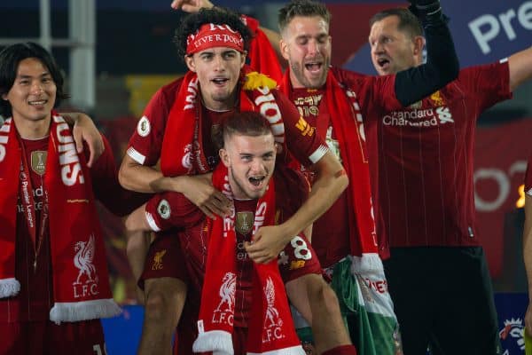 LIVERPOOL, ENGLAND - Wednesday, July 22, 2020: Liverpool’s Curtis Jones and Harvey Elliott celebrate after being crowned Premier League champions after the FA Premier League match between Liverpool FC and Chelsea FC at Anfield. The game was played behind closed doors due to the UK government’s social distancing laws during the Coronavirus COVID-19 Pandemic. Liverpool won 5-3. (Pic by David Rawcliffe/Propaganda)