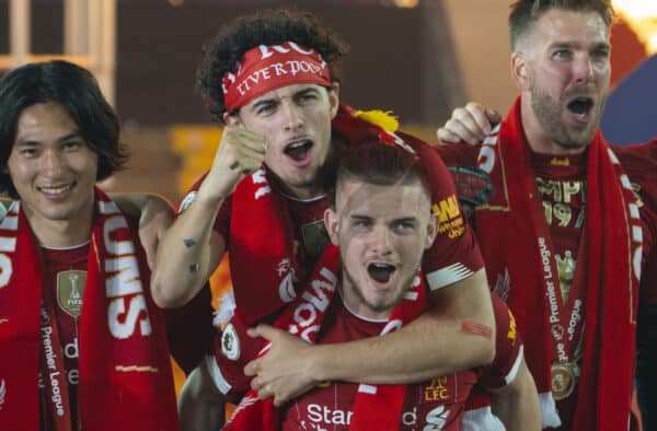 LIVERPOOL, ENGLAND - Wednesday, July 22, 2020: Liverpool’s Neco Williams, Takumi Minamino, Curtis Jones, Harvey Elliott, goalkeeper Adrián San Miguel del Castillo and goalkeeping coach John Achterberg celebrate after being crowned Premier League champions after the FA Premier League match between Liverpool FC and Chelsea FC at Anfield. The game was played behind closed doors due to the UK government’s social distancing laws during the Coronavirus COVID-19 Pandemic. Liverpool won 5-3. (Pic by David Rawcliffe/Propaganda)