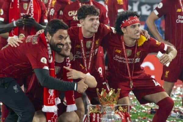 LIVERPOOL, ENGLAND - Wednesday, July 22, 2020: Liverpool’s elite development coach Vitor Matos, Harvey Elliott, Neco Williams and Curtis Jones celebrate with the Premier League trophy as the Reds are crowned Champions after the FA Premier League match between Liverpool FC and Chelsea FC at Anfield. The game was played behind closed doors due to the UK government’s social distancing laws during the Coronavirus COVID-19 Pandemic. Liverpool won 5-3. (Pic by David Rawcliffe/Propaganda)
