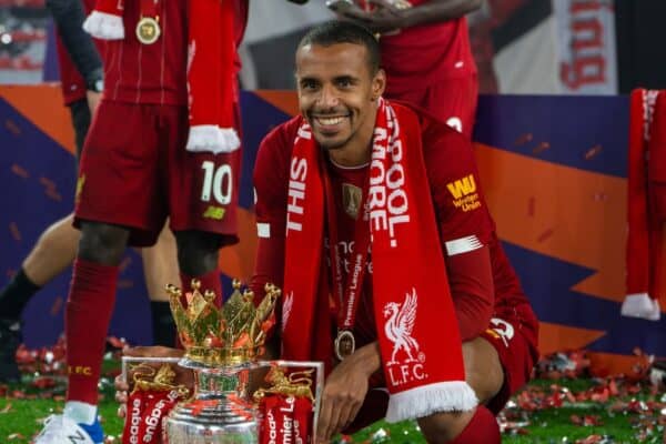 LIVERPOOL, ENGLAND - Wednesday, July 22, 2020: Liverpool’s Joel Matip celebrates with the Premier League trophy as the Reds are crowned Champions after the FA Premier League match between Liverpool FC and Chelsea FC at Anfield. The game was played behind closed doors due to the UK government’s social distancing laws during the Coronavirus COVID-19 Pandemic. Liverpool won 5-3. (Pic by David Rawcliffe/Propaganda)