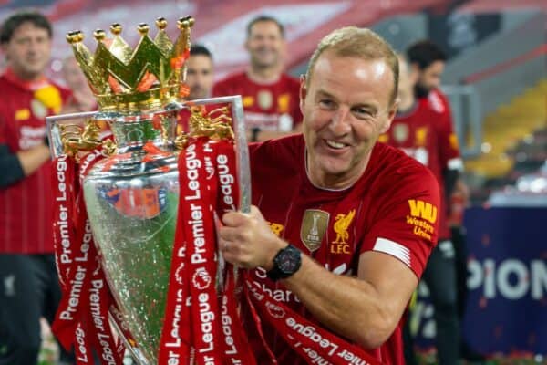  Liverpool’s player liaison officer Ray Haughan poses with the Premier League trophy as the Reds are crowned Champions after the FA Premier League match between Liverpool FC and Chelsea FC at Anfield. The game was played behind closed doors due to the UK government’s social distancing laws during the Coronavirus COVID-19 Pandemic. (Pic by David Rawcliffe/Propaganda)