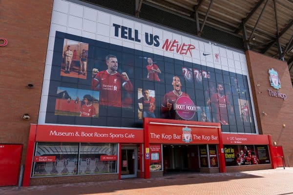 LIVERPOOL, ENGLAND - Monday, August 3, 2020: Images of Liverpool's captain Jordan Henderson, Virgil van Dijk and Mohamed Salah wearing the new Nike home shirt on the Spion Kop at Anfield. Liverpool's new kit supplier Nike replaces New Balance in a five year deal reported to be worth $39.5 per year. (Pic by David Rawcliffe/Propaganda)