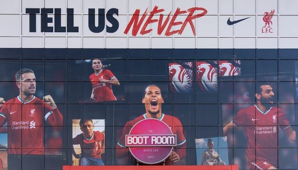 LIVERPOOL, ENGLAND - Monday, August 3, 2020: Images of Liverpool's captain Jordan Henderson, Virgil van Dijk and Mohamed Salah wearing the new Nike home shirt on the Spion Kop at Anfield. Liverpool's new kit supplier Nike replaces New Balance in a five year deal reported to be worth $39.5 per year. (Pic by David Rawcliffe/Propaganda)