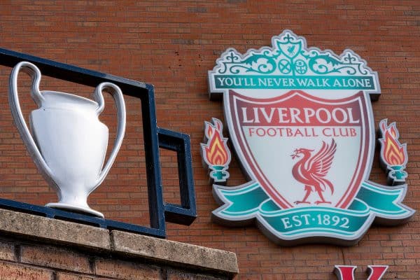 LIVERPOOL, ENGLAND - Monday, August 3, 2020: A European Cup trophy on the Paisley gateway outside the Spion Kop at Anfield, home of Liverpool FC. (Pic by David Rawcliffe/Propaganda)