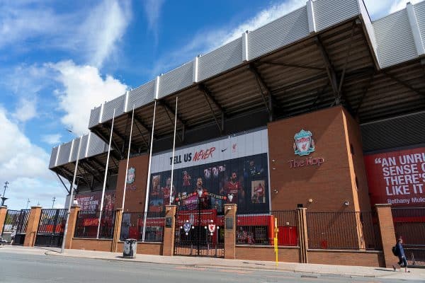 LIVERPOOL, ENGLAND - Monday, August 3, 2020: Images of Liverpool's captain Jordan Henderson, Virgil van Dijk and Mohamed Salah wearing the new Nike home shirt on the Spion Kop at Anfield. Liverpool's new kit supplier Nike replaces New Balance in a five year deal reported to be worth $39.5 per year. (Pic by David Rawcliffe/Propaganda)