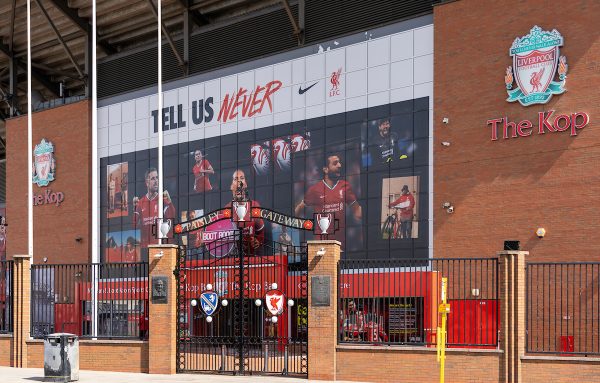 LIVERPOOL, ENGLAND - Monday, August 3, 2020: An image of Liverpool's captain Jordan Henderson wearing the new Nike home shirt on the Spion Kop at Anfield. Liverpool's new kit supplier Nike replaces New Balance in a five year deal reported to be worth $39.5 per year. (Pic by David Rawcliffe/Propaganda)