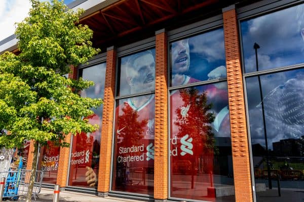 LIVERPOOL, ENGLAND - Monday, August 3, 2020: An image of Liverpool's captain Jordan Henderson wearing the new Nike home shirt on the LFC retail store at Anfield. Liverpool's new kit supplier Nike replaces New Balance in a five year deal reported to be worth $39.5 per year. (Pic by David Rawcliffe/Propaganda)