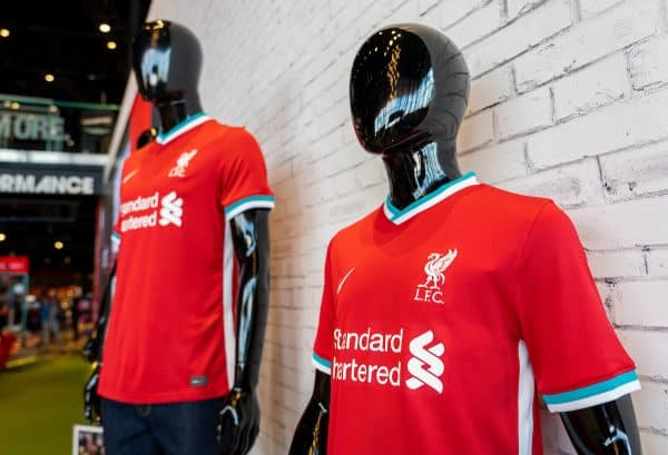 LIVERPOOL, ENGLAND - Monday, August 3, 2020: Liverpool's new 2020/21 Nike home and away shirts on display in the LFC retail store at Anfield. Liverpool's new kit supplier Nike replaces New Balance in a five year deal reported to be worth $39.5 per year. (Pic by David Rawcliffe/Propaganda)