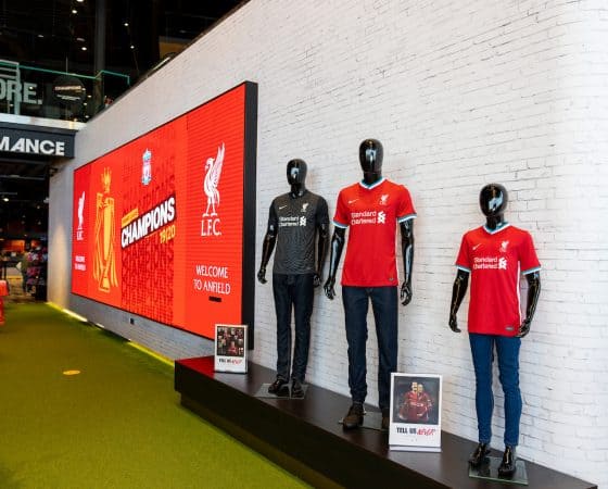 LIVERPOOL, ENGLAND - Monday, August 3, 2020: Liverpool's new 2020/21 Nike home and away shirts on display in the LFC retail store at Anfield. Liverpool's new kit supplier Nike replaces New Balance in a five year deal reported to be worth $39.5 per year. (Pic by David Rawcliffe/Propaganda)