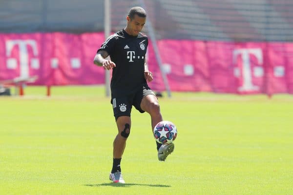 MUNICH, GERMANY - Friday, August 7, 2020: Bayern Munich’s Thiago Alcantara during a training session at the Saebener Strasse training ground ahead of the UEFA Champions League round of 16 second leg match against Chelsea FC. (Photo by M. Donato/FC Bayern Munich)