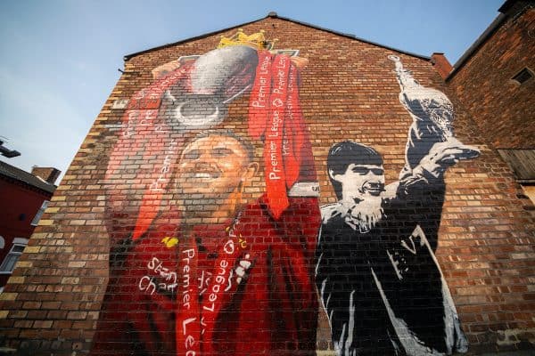 LIVERPOOL, ENGLAND - Tuesday, August 11, 2020: A new mural of Liverpool captain Jordan Henderson lifting the Premier League trophy and the last Liverpool captain to win the League title, Alan Hansen, lifting the Football League Championship trophy on the gable end wall of a house on Old Barn Road near the club's Anfield stadium. (Pic by David Rawcliffe/Propaganda)