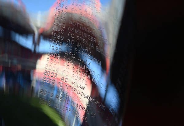 LISBON, PORTUGAL - Sunday, August 23, 2020: Previous winners etched into the European Cup trophy seen before the UEFA Champions League Final between FC Bayern Munich and Paris Saint-Germain at the Estadio do Sport Lisboa e Benfica. (Credit: ©UEFA)