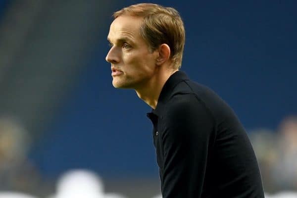 LISBON, PORTUGAL - Sunday, August 23, 2020: Paris Saint-Germain's head coach Thomas Tuchel sits on an ice box with his foot in a cast during the UEFA Champions League Final between FC Bayern Munich and Paris Saint-Germain at the Estadio do Sport Lisboa e Benfica. (Credit: ©UEFA)